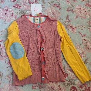 Wildflowers Pink & Yellow Ruffled Cardigan with Blue Elbow Patch